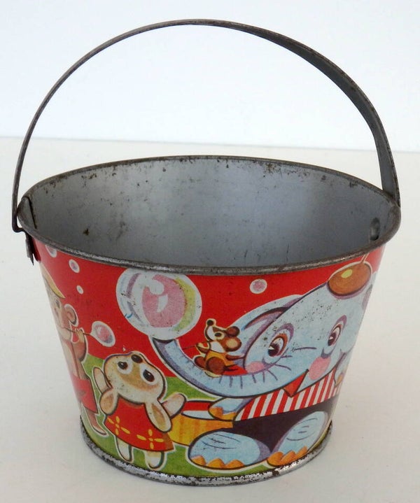 Vintage Japanese Tin Sand Pail - Elephant, Rabbit and Monkey Blowing Bubbles