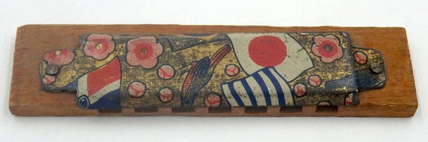 Tiny Pre War Japanese Tin and Wood Toy Harmonica- Flag (Japan) and Flower Design