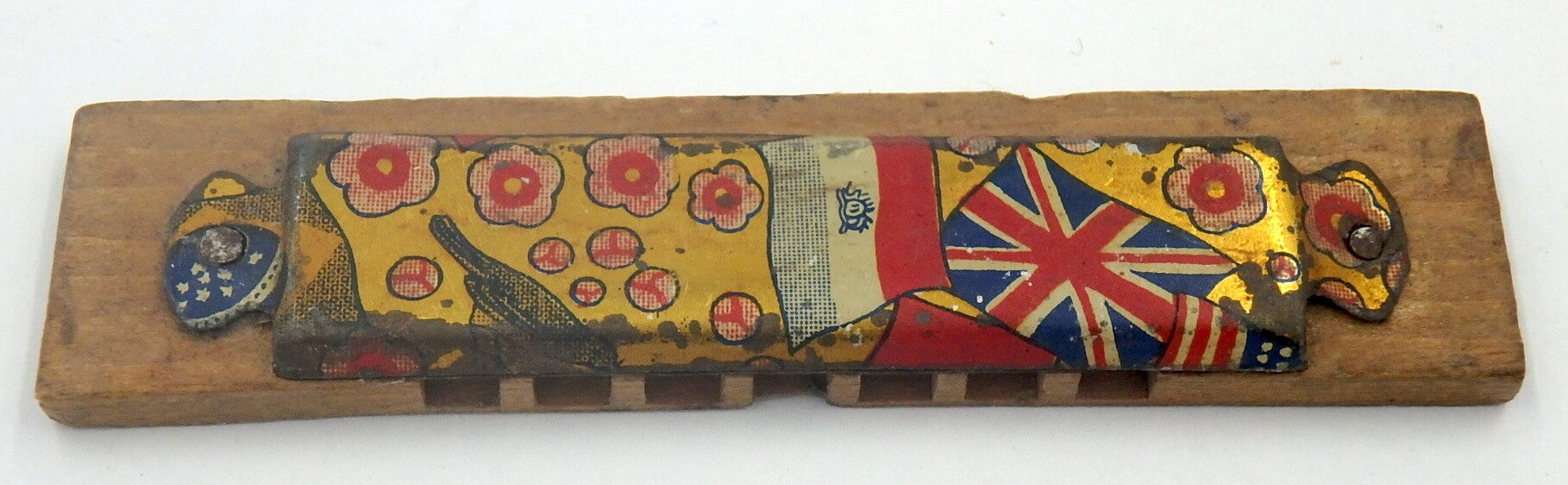 Pre War Japanese Tin and Wood Toy Harmonica- Flag (British) and Flower Design