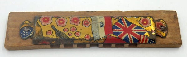 Pre War Japanese Tin and Wood Toy Harmonica- Flag (British) and Flower Design