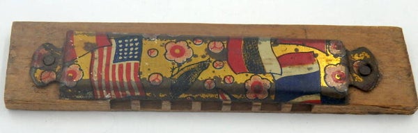 Pre War Japanese Tin and Wood Toy Harmonica- Flag (USA) and Flower Design