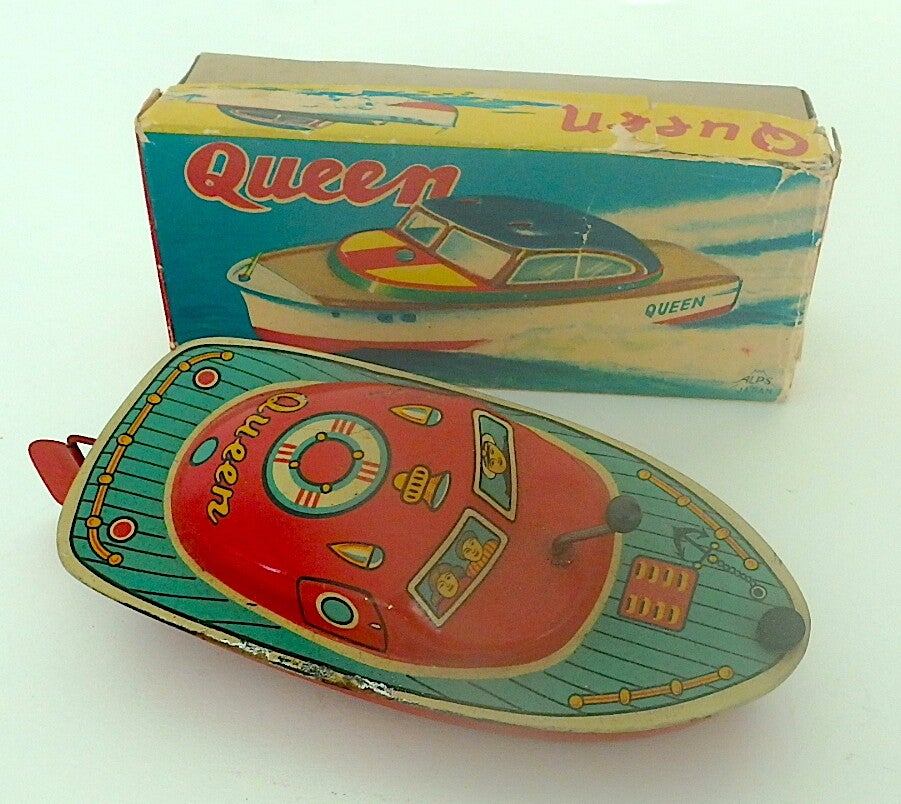 Vintage 1950's Japanese Crank Friction Queen Boat in Original Box