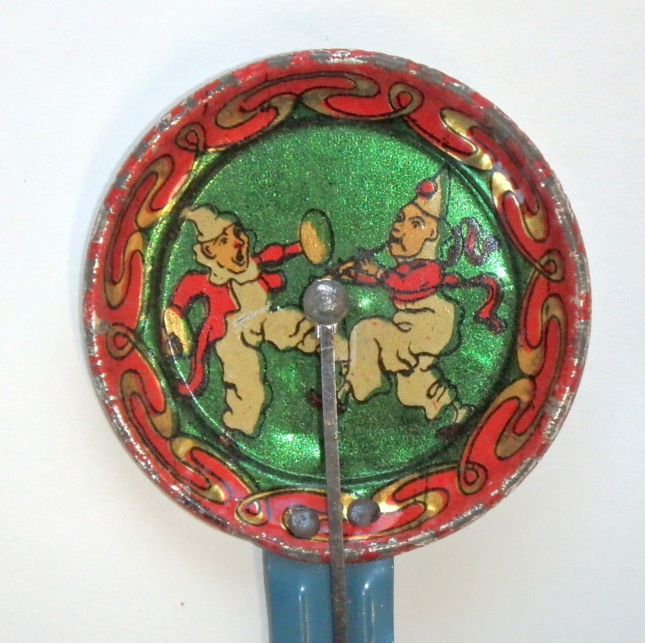 NOT JAPANESE - Pre War German Vintage Tin Clapper Noisemaker- Dancing Clowns