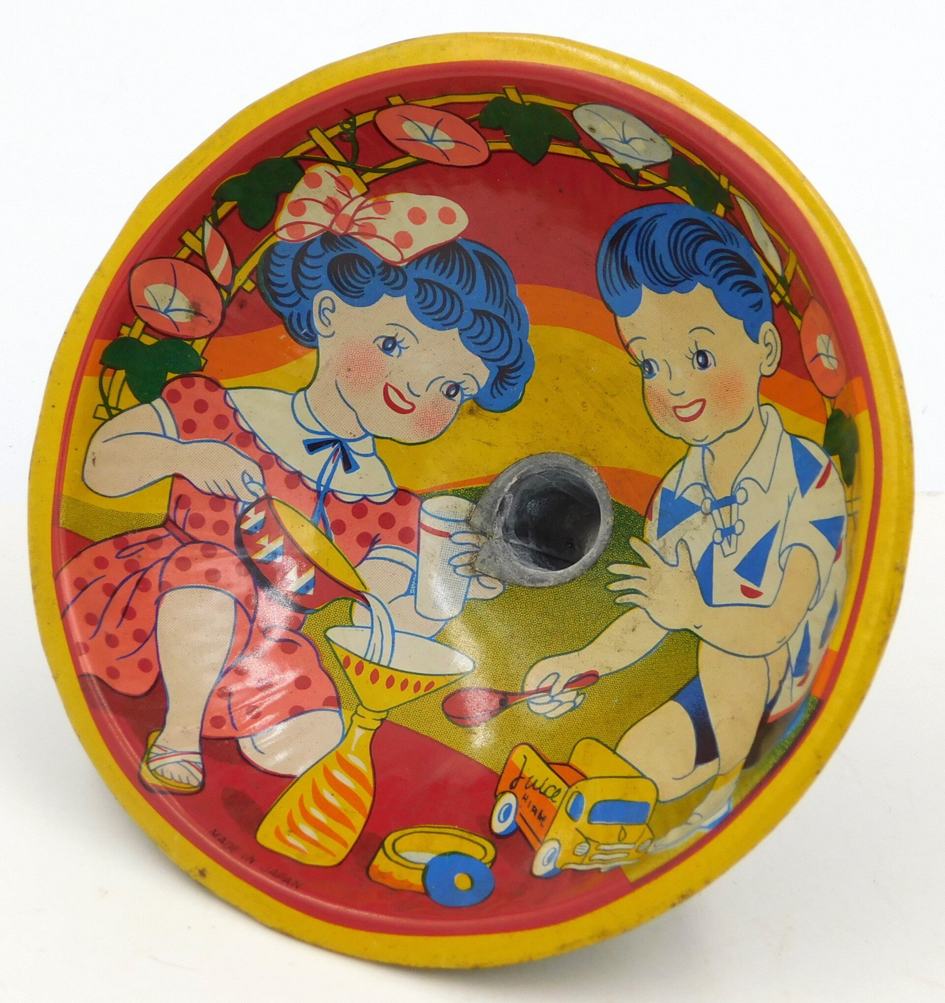 Vintage Japanese Tin Toy Funnel- Girl and Boy with Flower Border