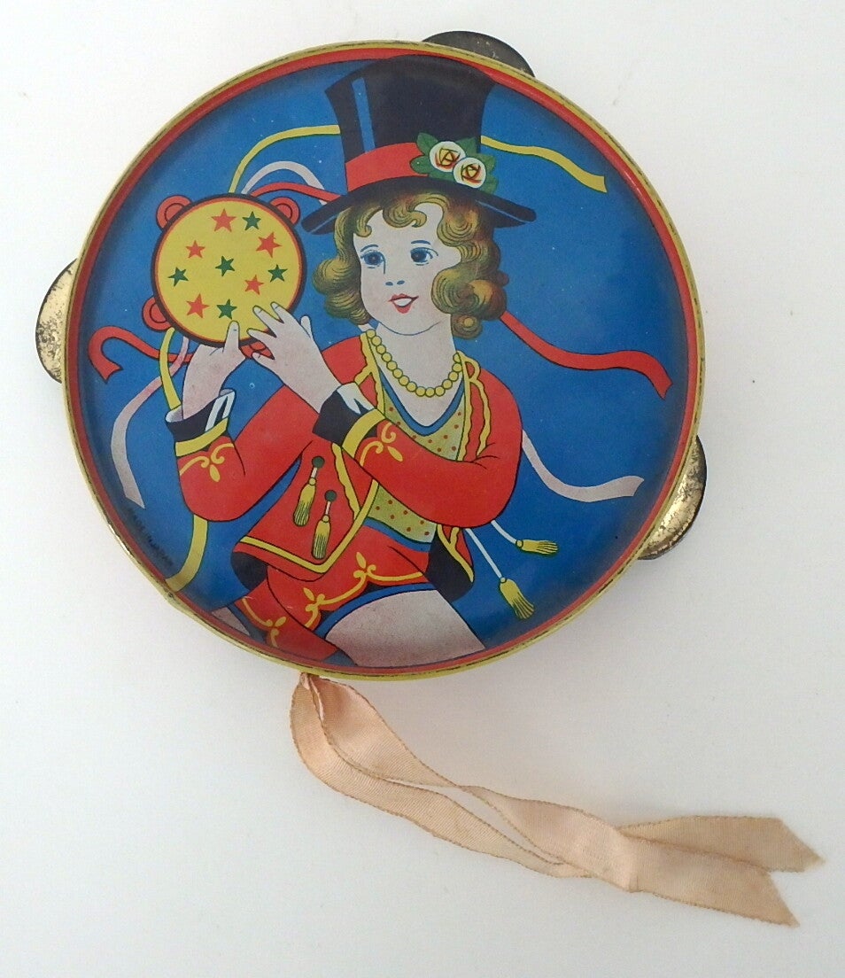 Vintage Japanese Tin Tambourine- Woman in Top Hat and Marching Band Red Coat and Shorts