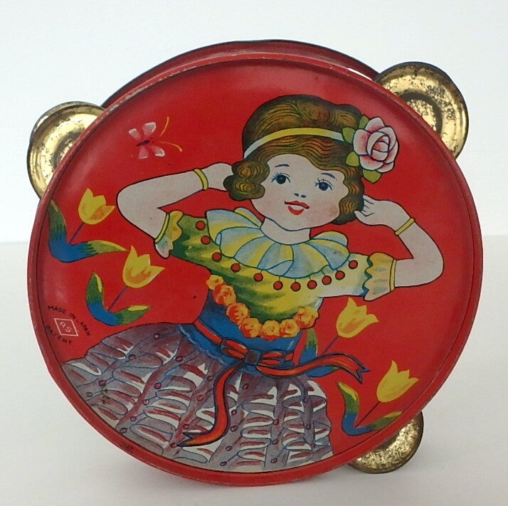 Vintage Japanese Tin Tambourine - Dancing Girl w/ Larger Head-A