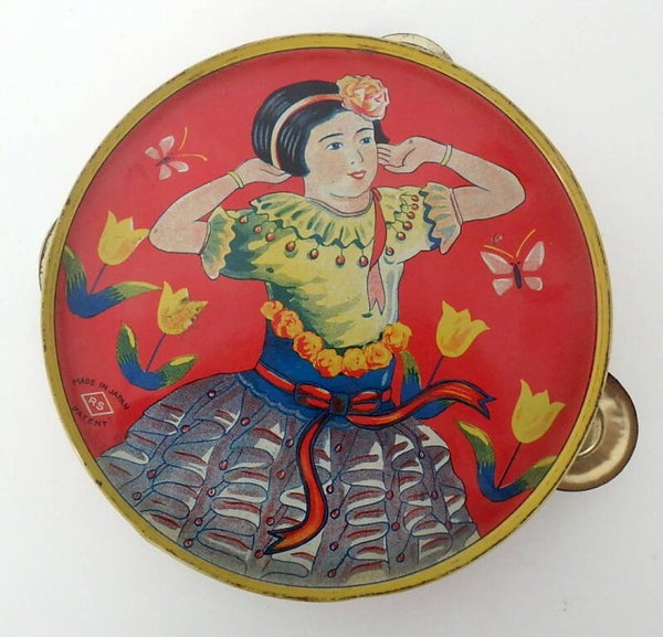 Vintage Japanese Tin Tambourine - Dancing Girl w/ Smaller Head- B
