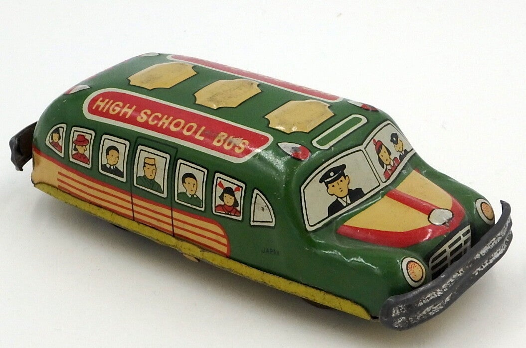 Vintage 1950's Japanese Tin Friction Bonnet High School Bus- Green