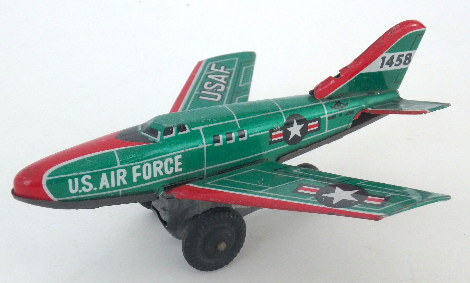 Vintage Japanese Tin Friction Airplane- Green USAF Jet