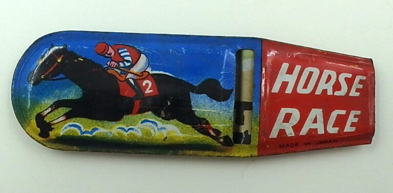 Vintage Japanese Tin Horse Race Whistle-Jockey on Racehorse-A