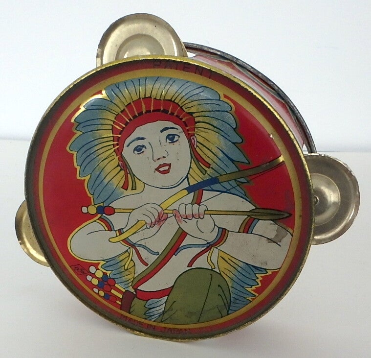 Pre War Japanese Tin Tambourine- Indian in Feathered Headdress