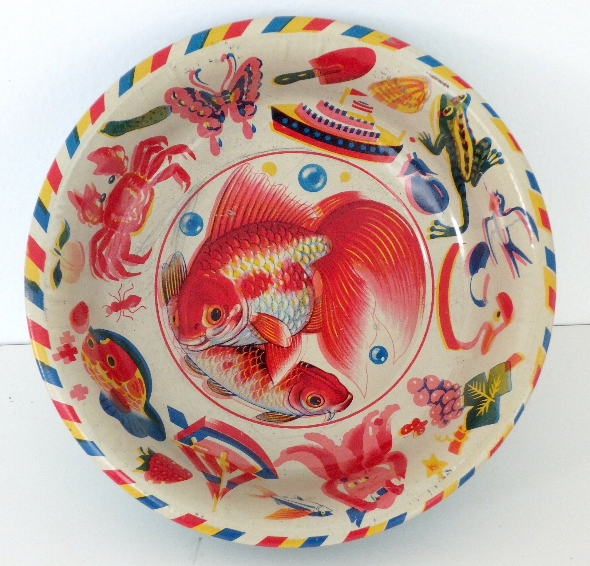 Vintage Japanese Tin Bowl- Fancy Koi Fish, Octopus, Crab, Butterfly, Beach Toys