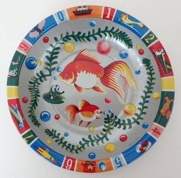 Vintage Japanese Child's Tin Bowl- Fish Swimming+ Toys, Numbers, Animals on Edge