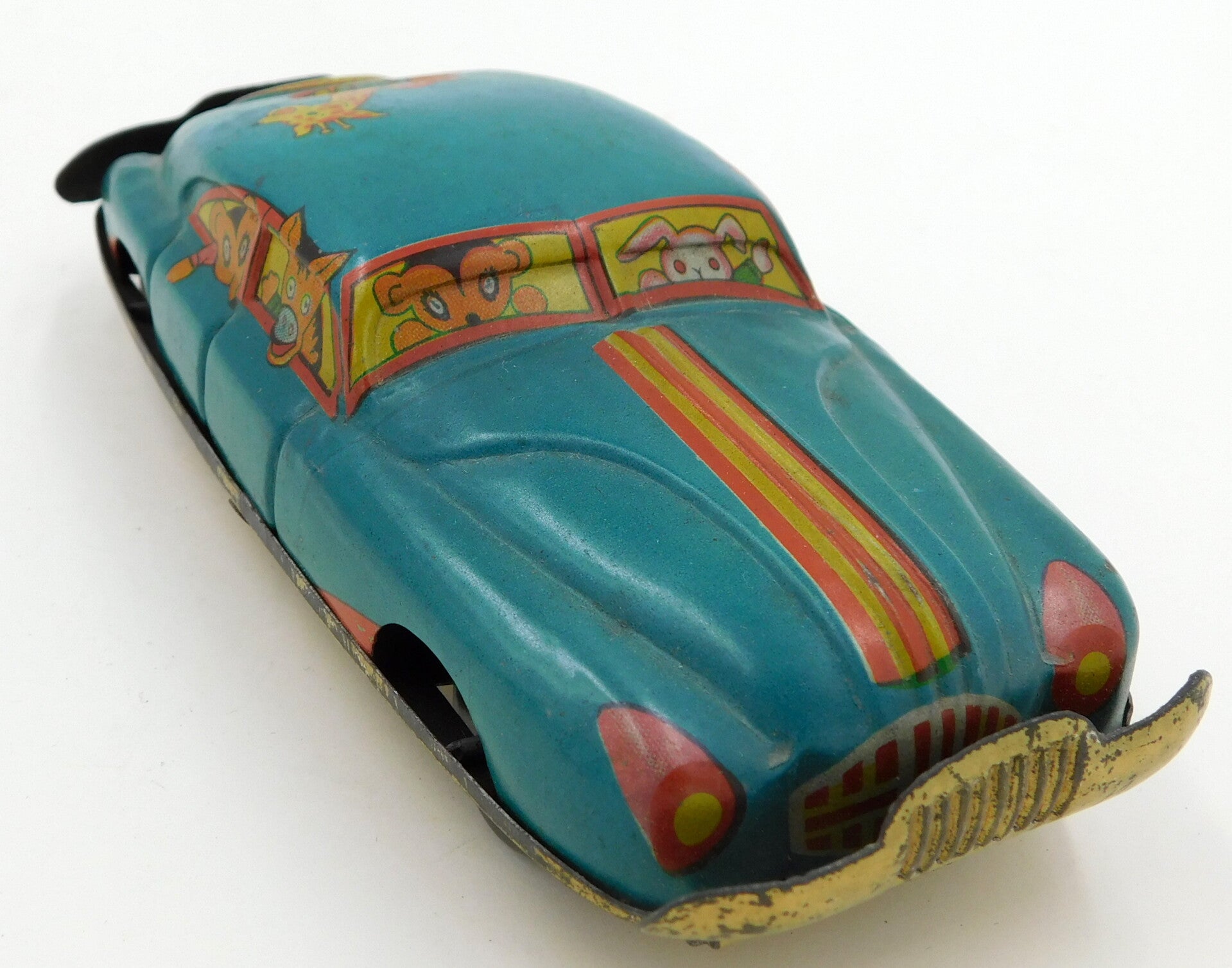 Early 1950's Japanese Large Penny Toy Car with Animals-Turquoise