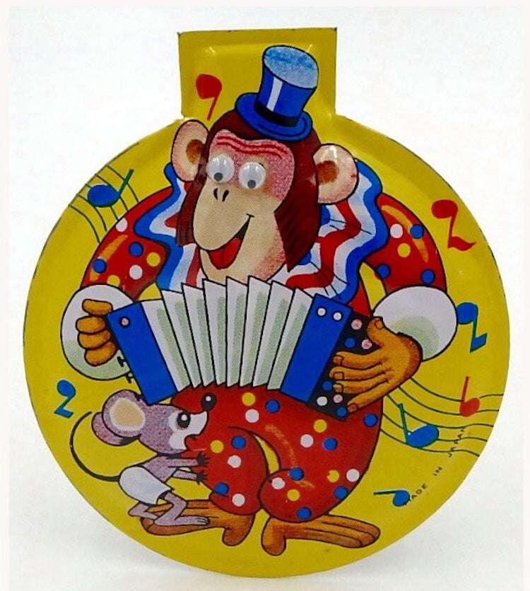 Large Vintage Japanese Tin Clicker-Clown Monkey Playing Accordion