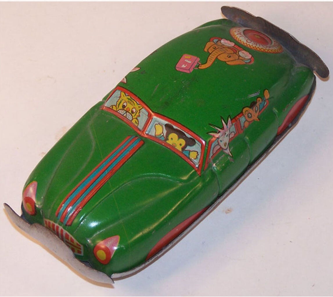 Early 1950's Japanese Large Penny Toy Car with Animals- Green
