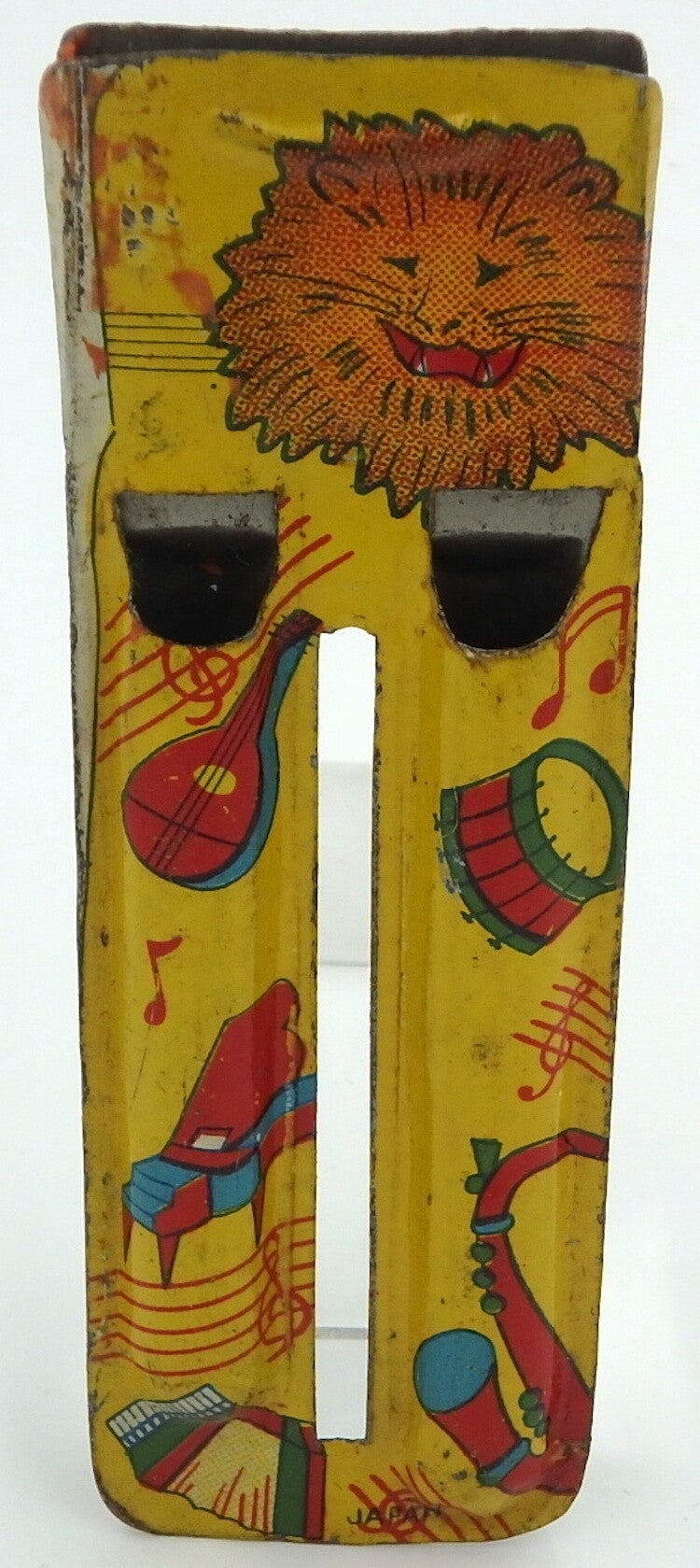 Early Large Vintage Japanese Tin Whistle- Lion Head with Musical Instruments-YellowLarge Yellow Lion Music Pre War Whistle