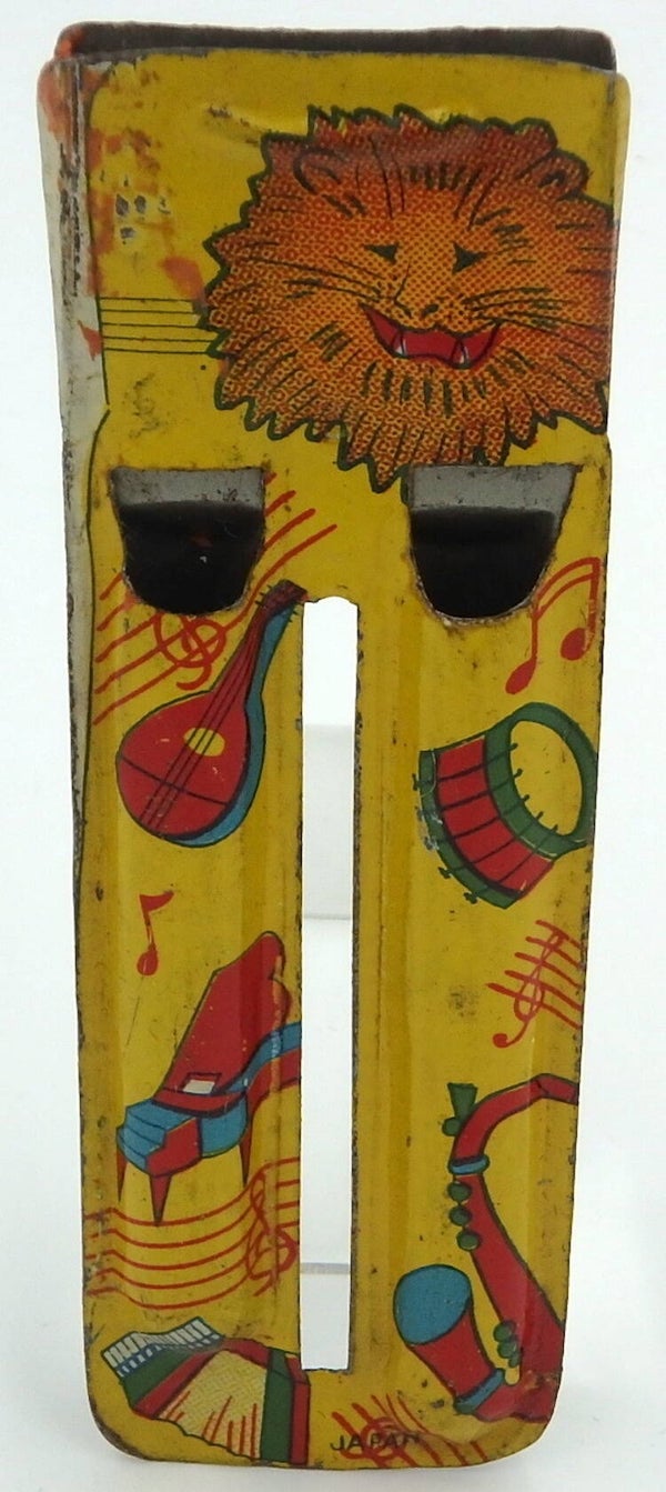 Early Large Vintage Japanese Tin Whistle- Lion Head with Musical Instruments-YellowLarge Yellow Lion Music Pre War Whistle