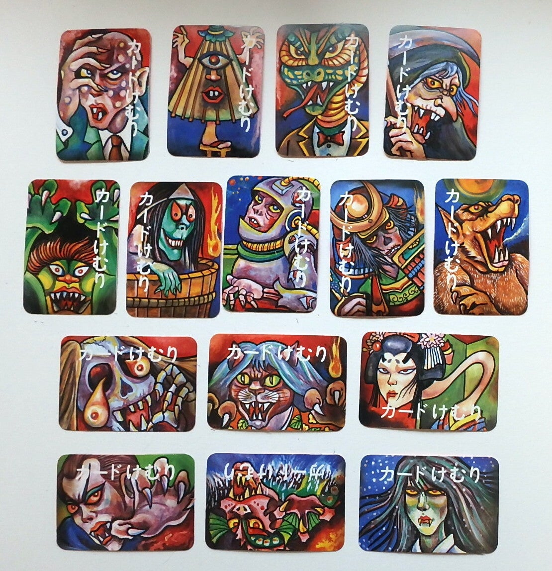 Lot of 15 Different Vintage Japanese Yokai Smoke Cards in Original Bags