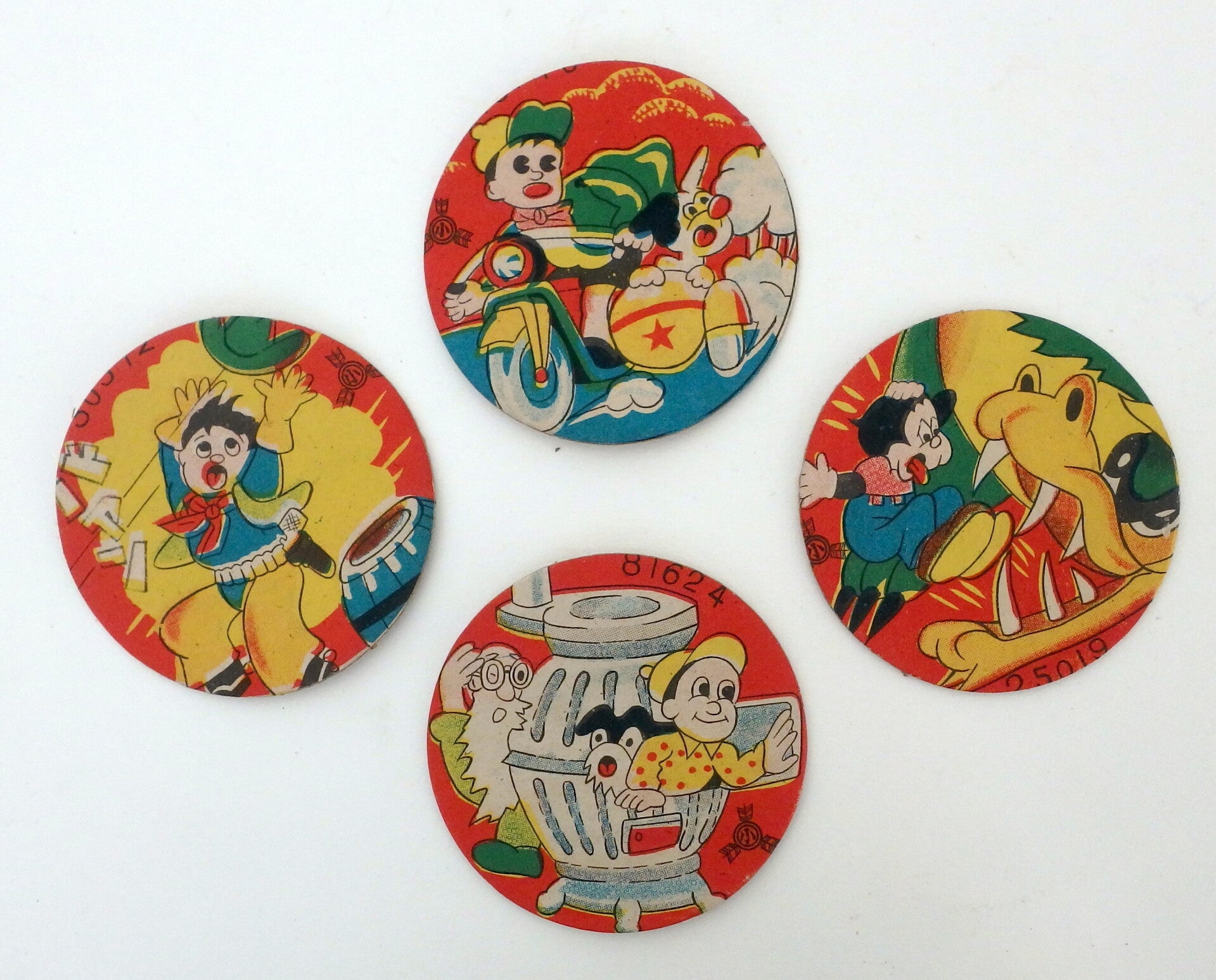Set of Four Vintage Japanese Menko Cowboy, Dragon, Kid in Stove, Motorcycle Boy