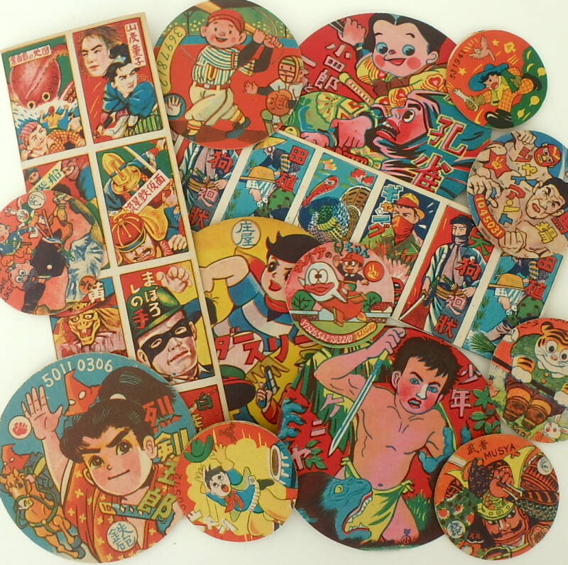 Vintage Japanese menko cards, uncut menko sheets, cowboys, Japanese super heros, baseball, Samurai, ninjas