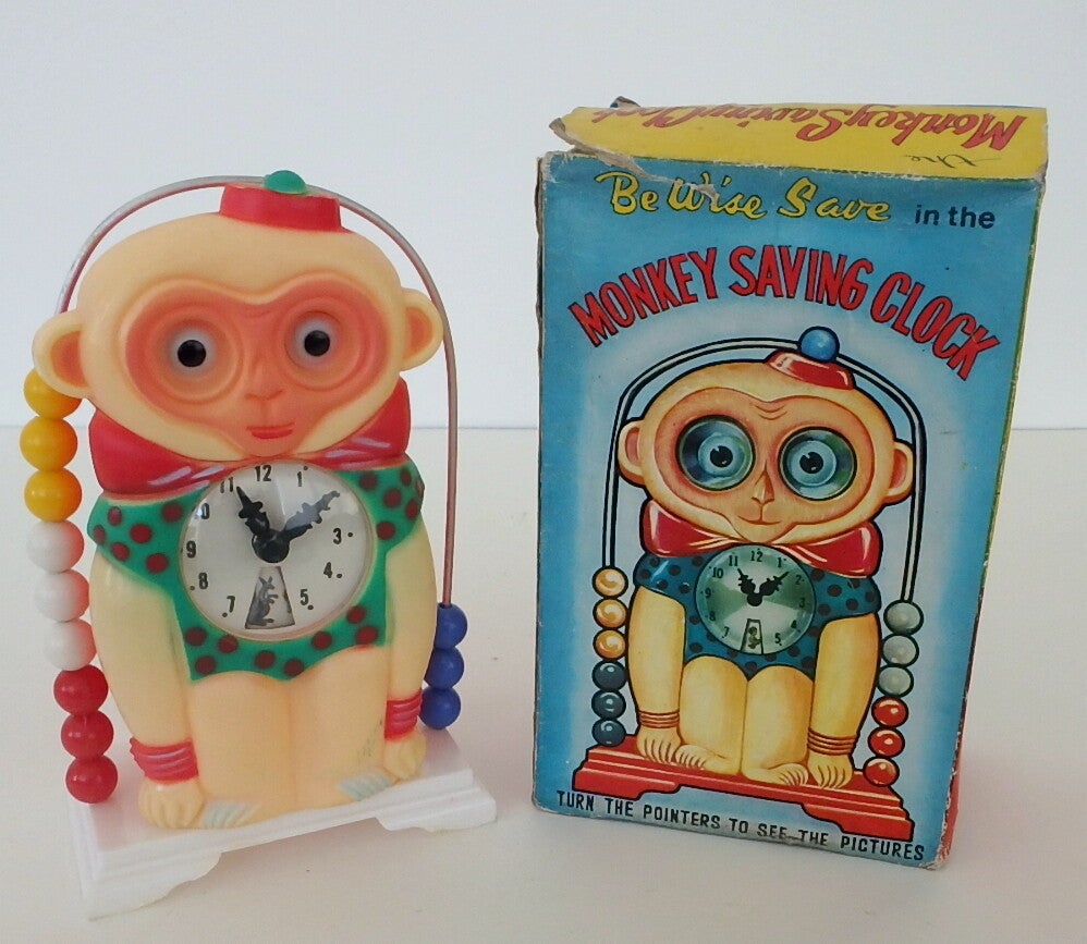Monkey Savings Clock Bank in Original Box-Made in Hong Kong