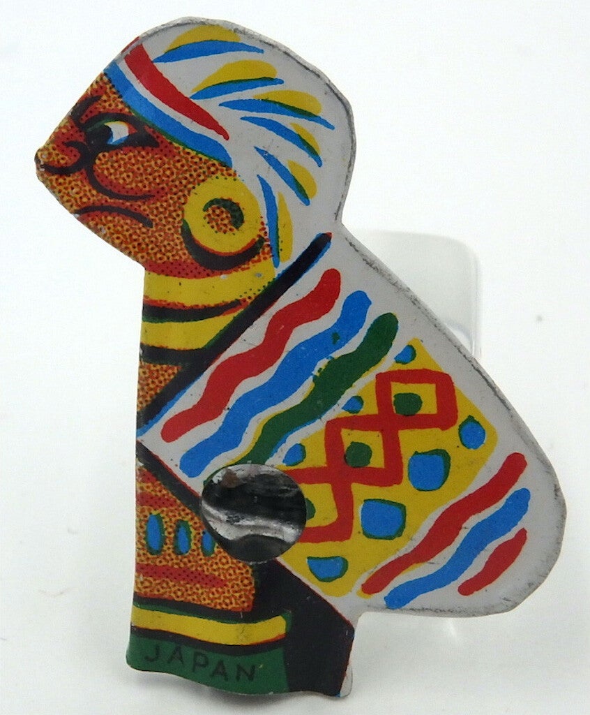 Tiny Vintage Japanese Tin Whistle-African Native Carrying Colorful Shield