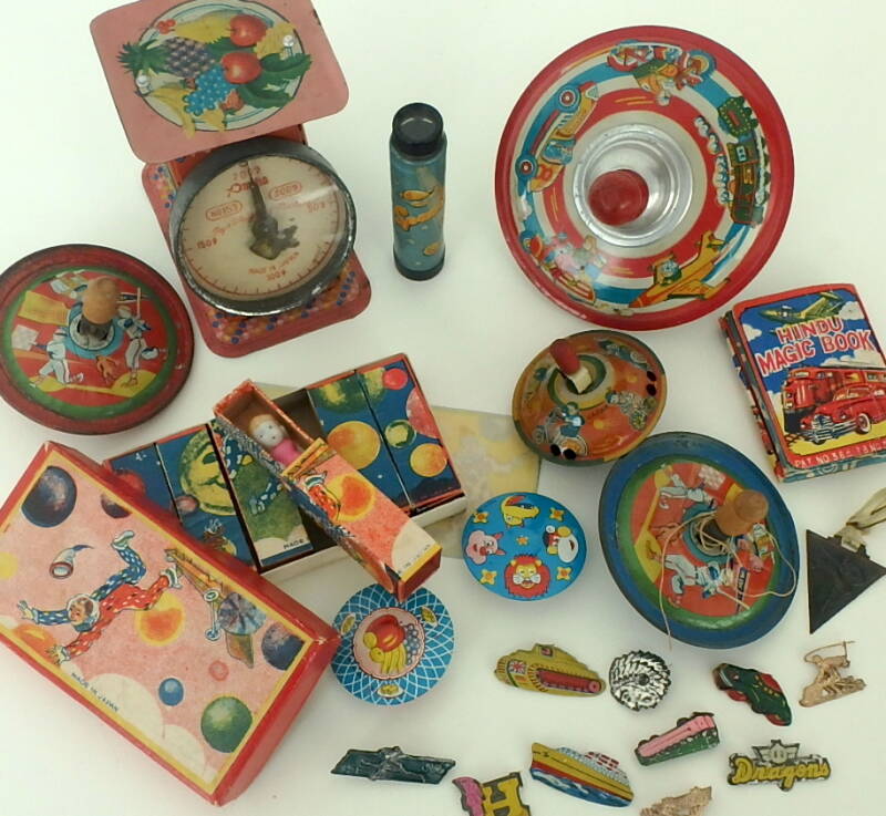 Vintage Japanese novelty toys, tops, bisque figures, sports pins, scales, banks