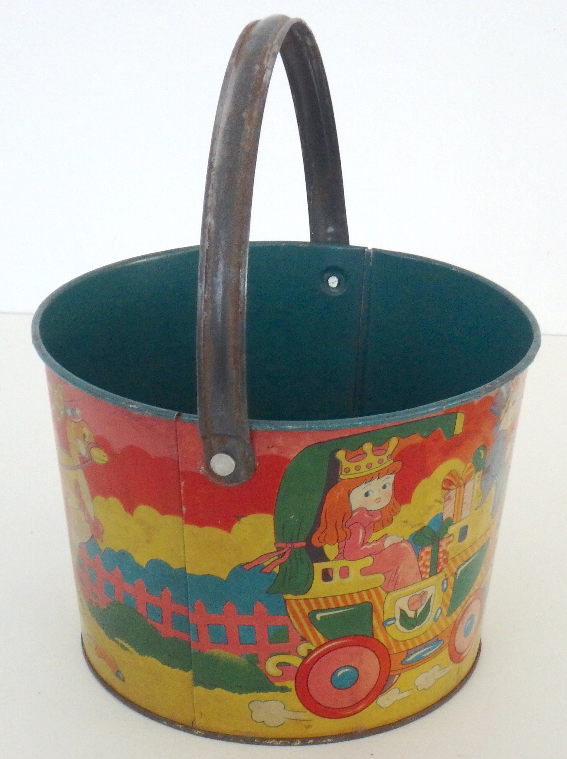 Large Early Post War Japanese Tin Sand Pail - Ostrich Cart with Princess