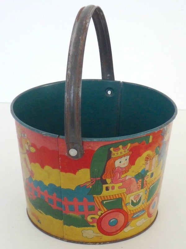 Large Early Post War Japanese Tin Sand Pail - Ostrich Cart with Princess