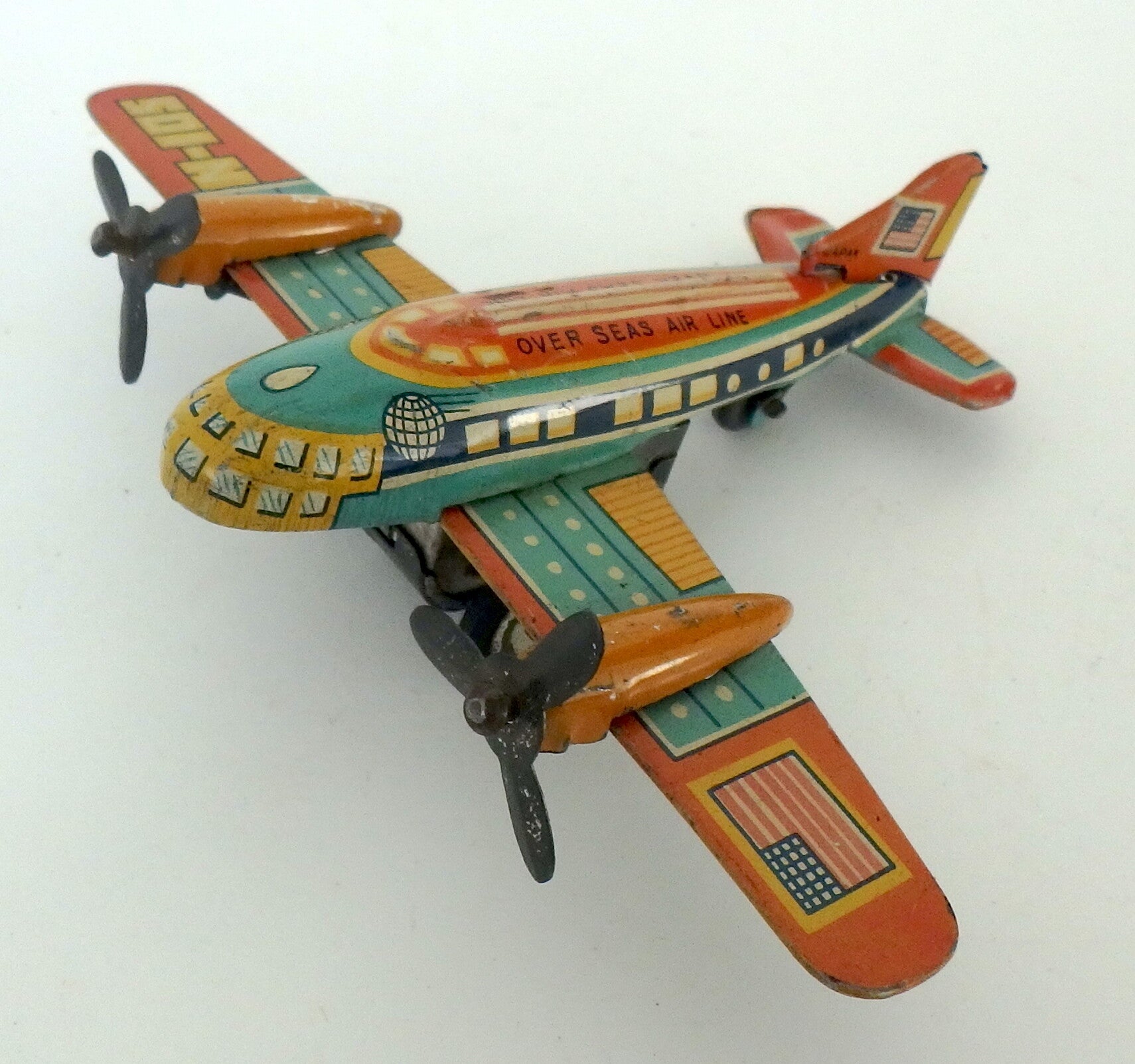 Colorful Vintage Japanese Tin Friction Overseas Airline Prop Plane