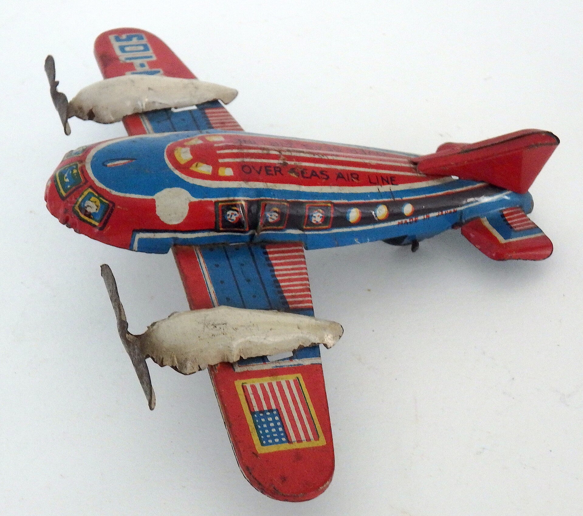 Colorful Vintage Japanese Tin Overseas Airline Penny Toy Plane