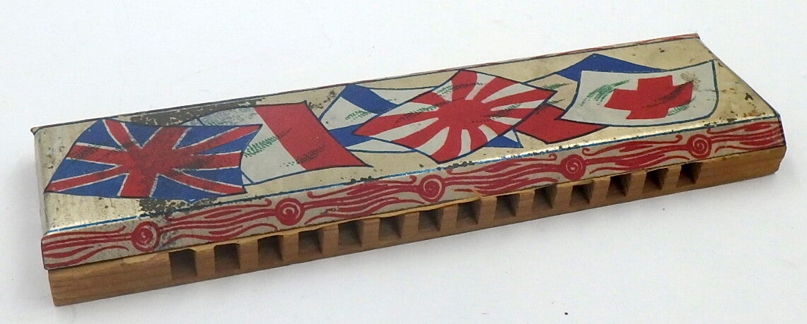 Foreign Flags Design - Pre War Japan Tin and Wood Toy Harmonica