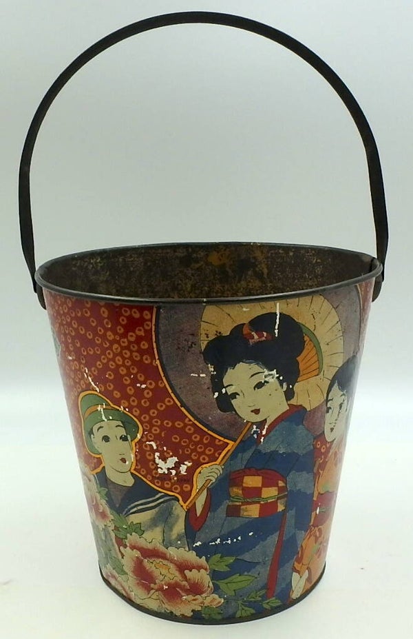 Pre-War Japanese Tin Sand Pail - Woman with Children