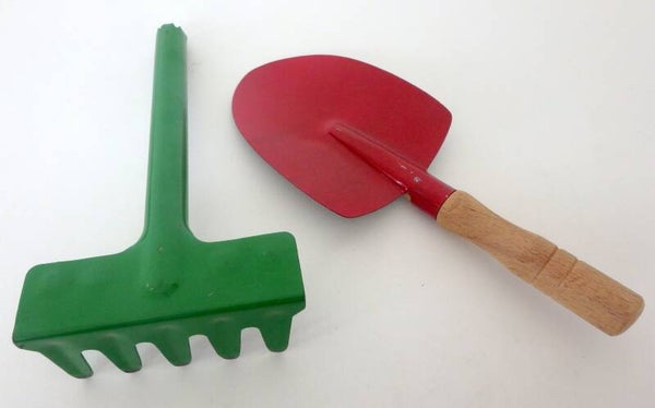 Vintage Japanese Tin Rake and Sand Shovel with Wood Handle