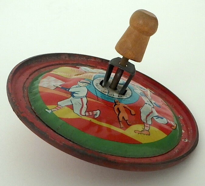 1950's Japanese Spinning Top-Red with Baseball Images