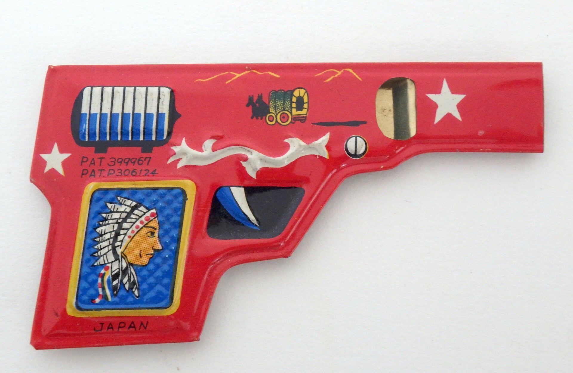 Vintage Japanese Tin Whistle- Red Gun with Indian, Tiny Covered Wagon