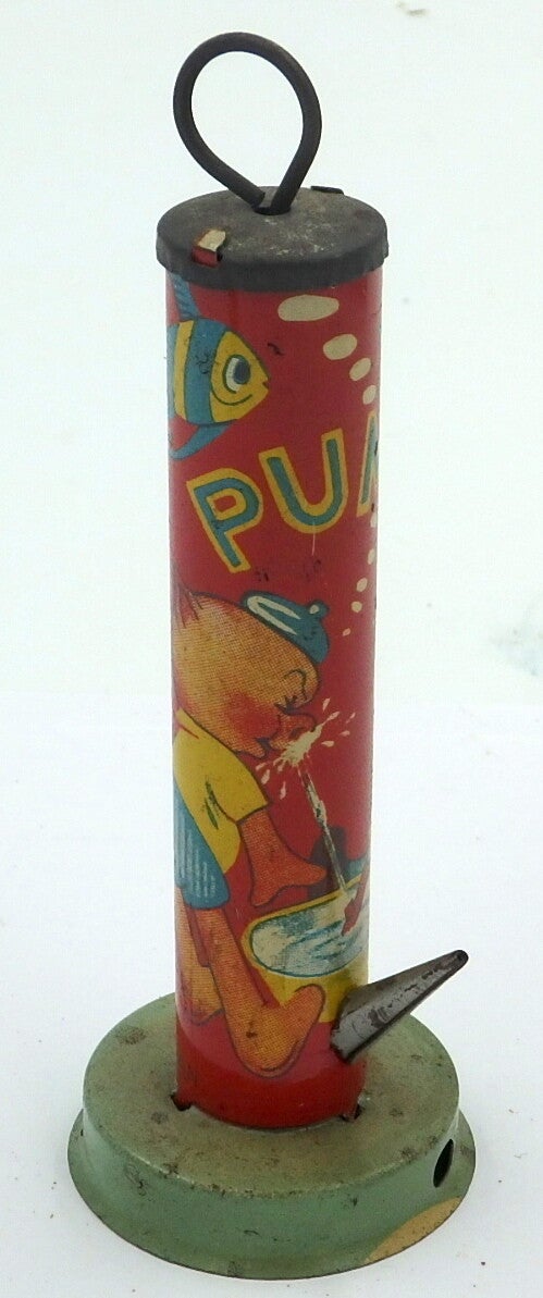Vintage 1950's Japan Tin Small Water Pump - Pig and Monkey - Red