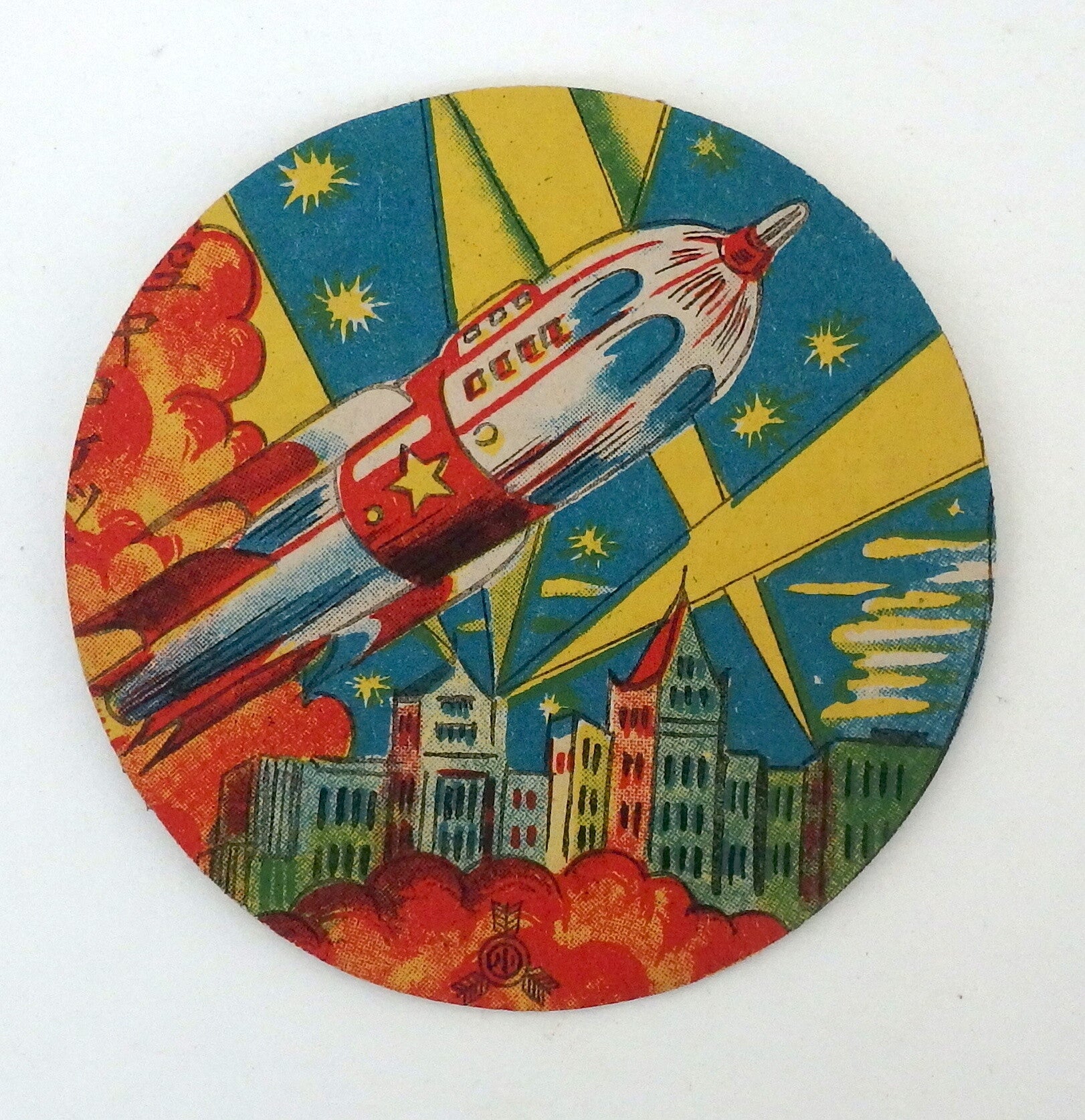 Early Post War Vintage Japanese Menko Card- Rocket Shooting into the Starry Sky