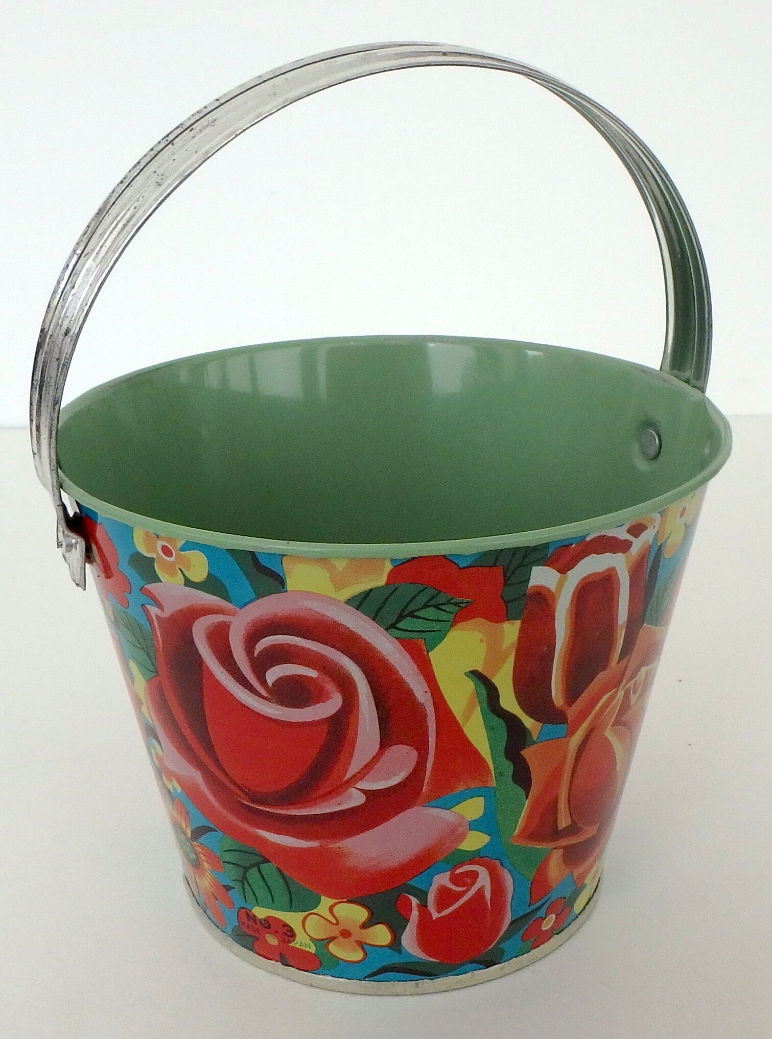 Vintage Japanese Tin Sand Pail - Colorful Roses and Other Flowers