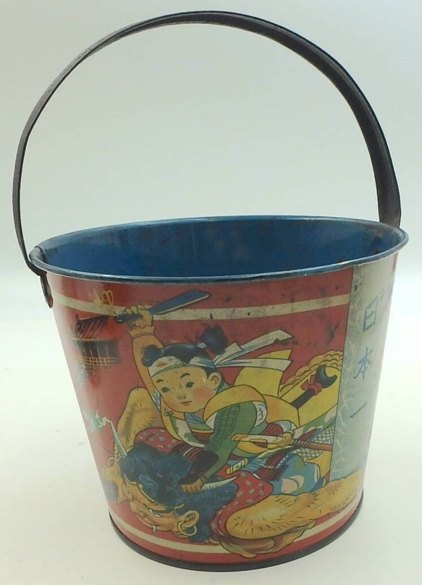 Pre-War Japanese Tin Sand Pail- Boy Samurai and Oni, Animal Spirits