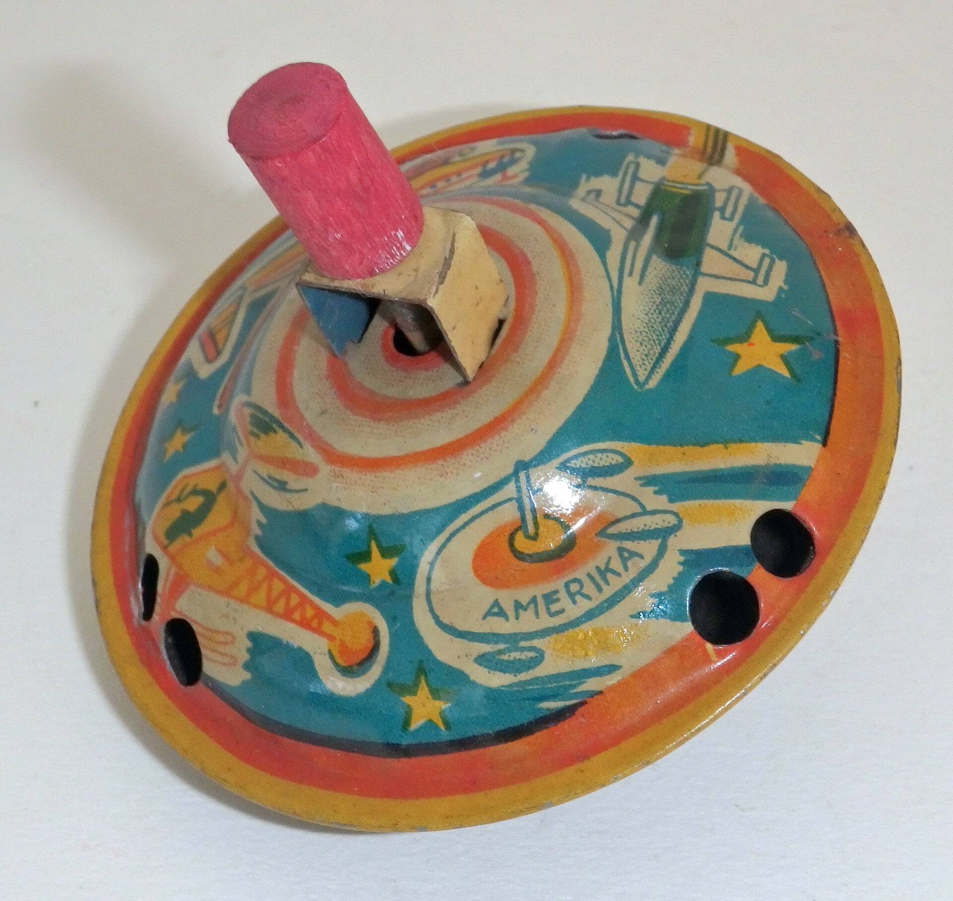 Early Post War Japanese Tin Top - Flying Saucer, Airplane, Rocket, Helicopter