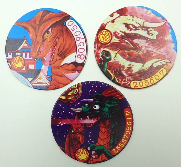 Set of 3 Vintage Japanese Round Menko Card- Kaiju Monsters