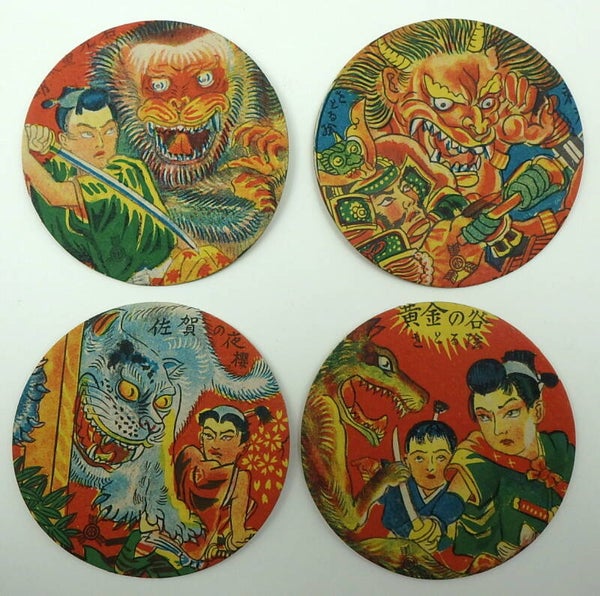 Vintage Japanese Yokai Menko- Blue Cat, Wolf, Monkey, Devil - Set of Four