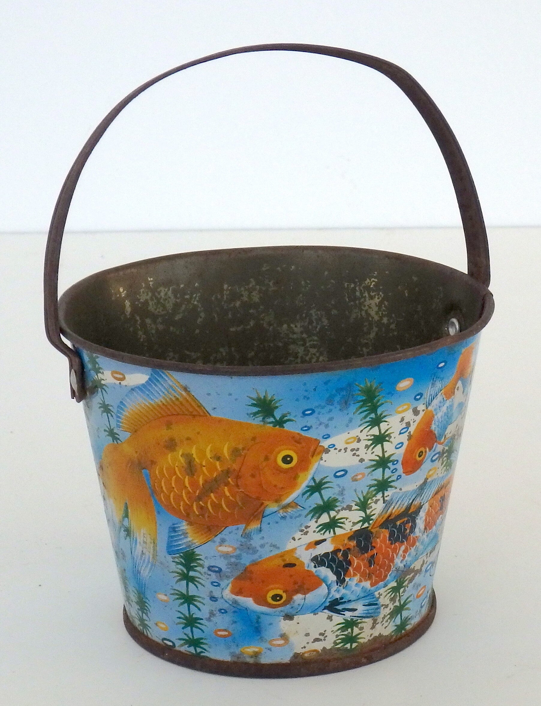 Small Vintage Tin Japanese Sand Pail - Koi Fish and Water Plants