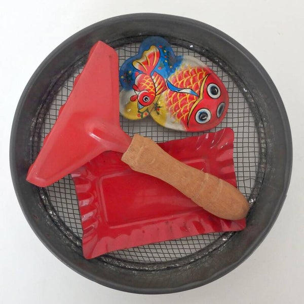 Vintage Japanese Sand Sieve with Rake, and Two Sand Molds