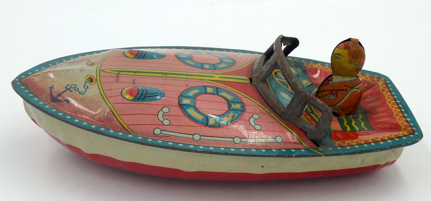 Vintage 1950's Japanese Tin Speedboat Water Toy, Rattle