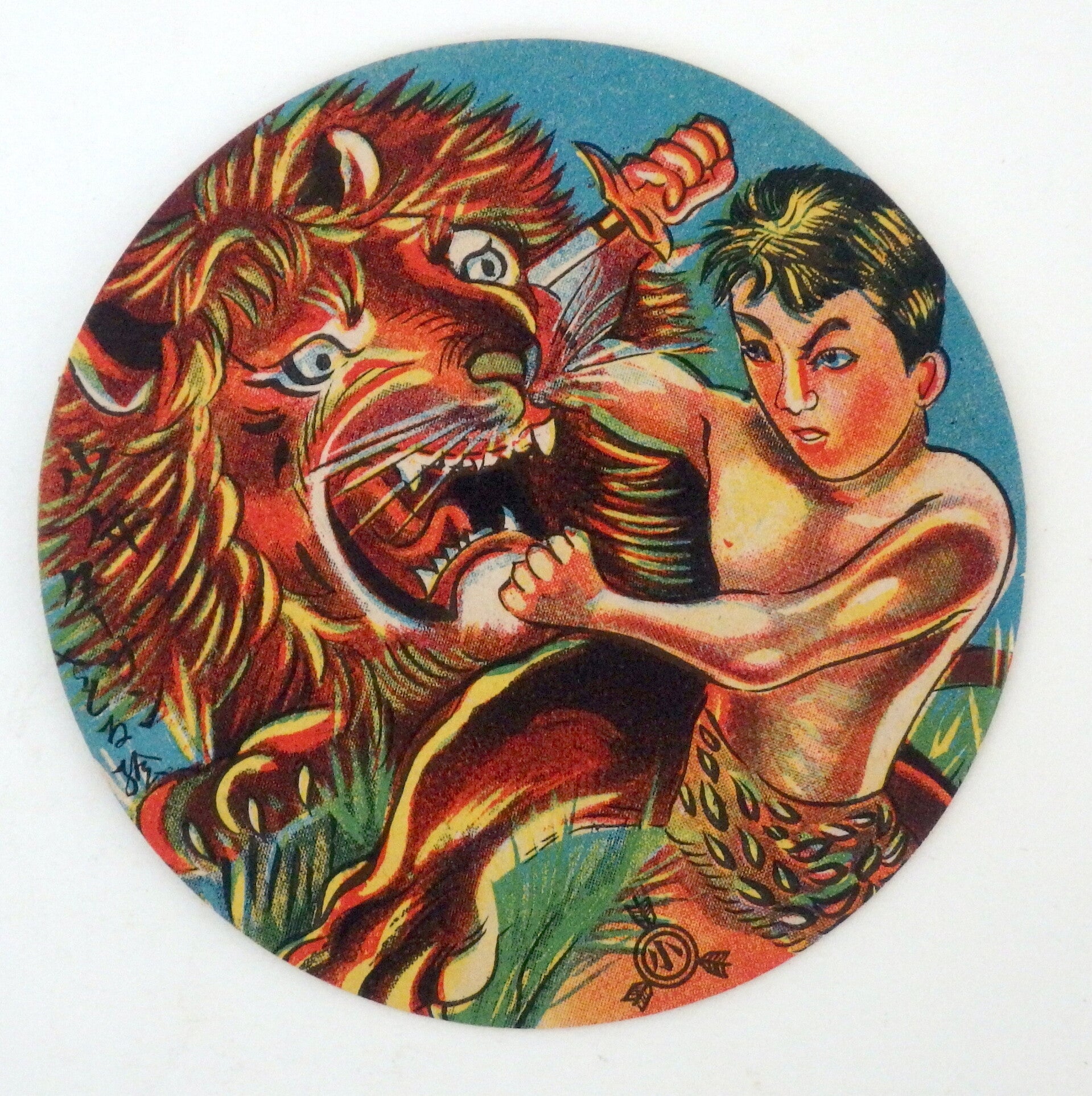 Large Vintage Japanese Menko Card - Tarzan Battling a Lion