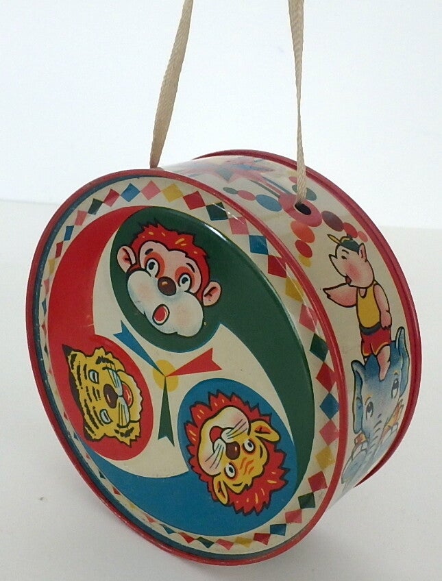 Early 50's Tin Japanese Drum - Three Animals, Monkey, Lion, Tiger