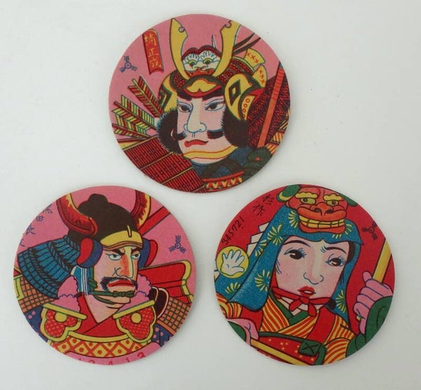Three Early Post War Japanese Menko Cards-Two Samurai Warriors and Woman